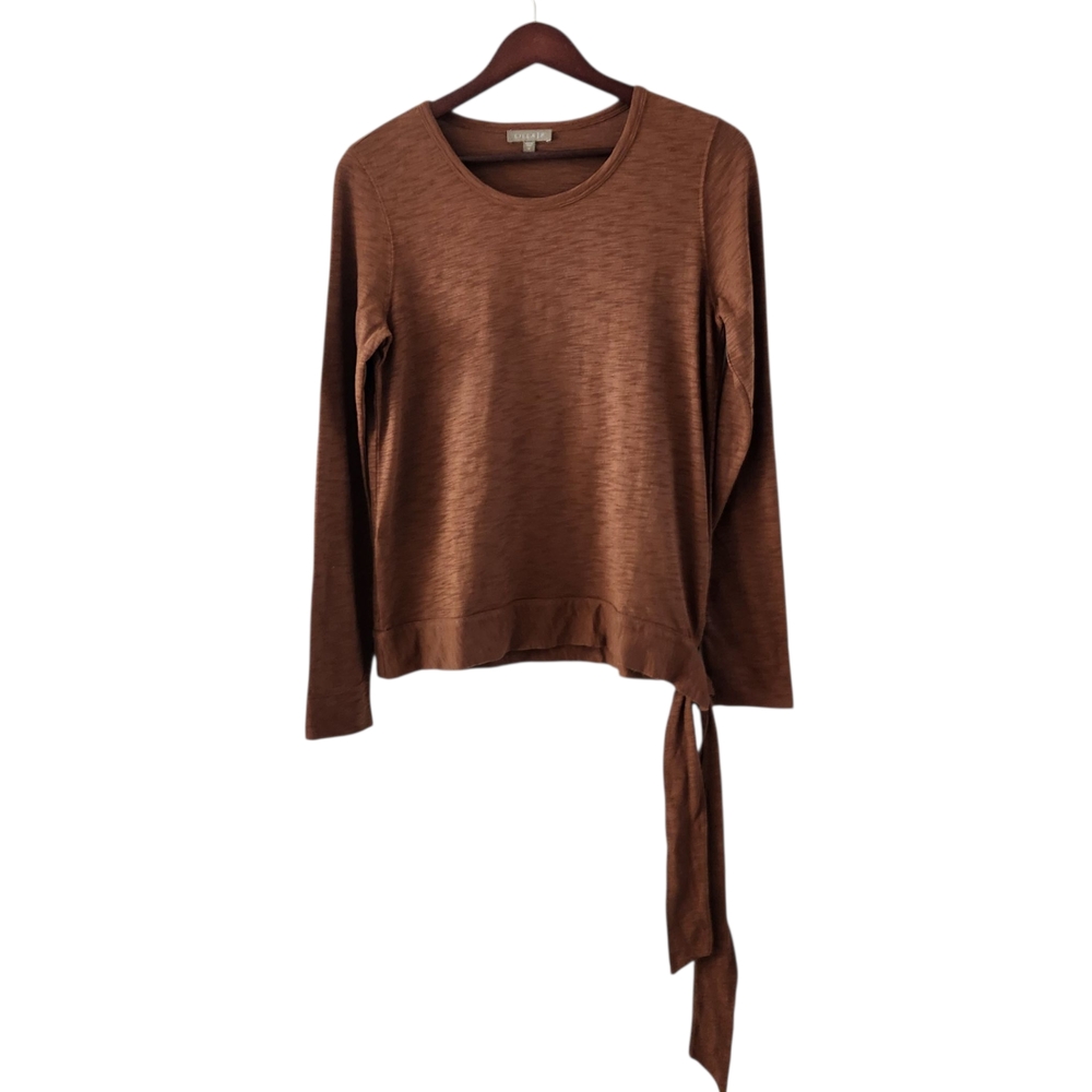 Lilla P Brown Cotton Top Tie At Waist Womens Size S Fall Long Sleeve